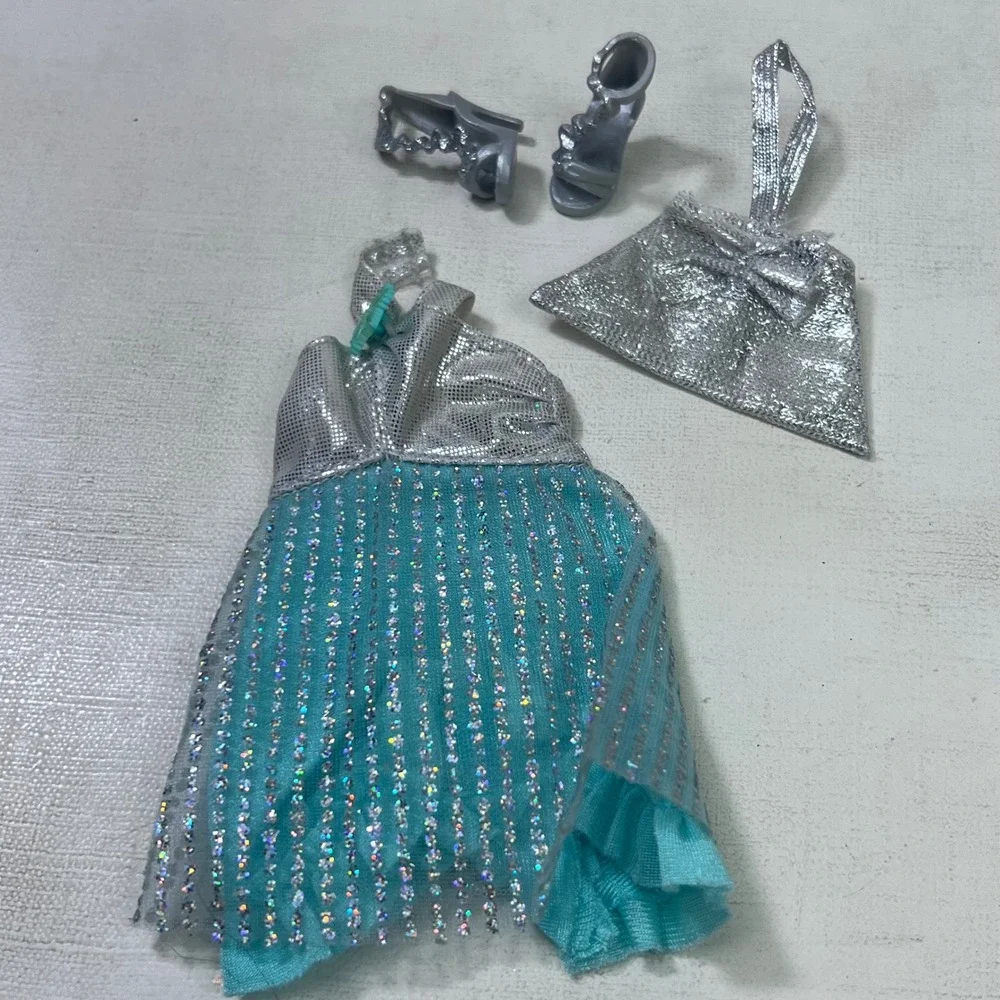 Barbie Doll Fashion Set Turquoise Silver Glitter Dress Purse Shoes Outfit